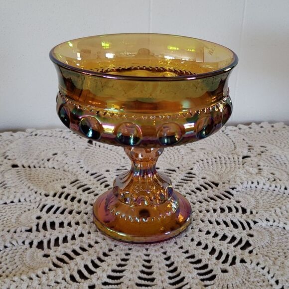 Pretty Gold Carnival Glass Pedestal Compote Candy Dish - Picture 2 of 5